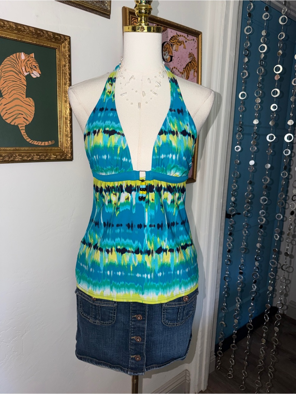 Vintage Y2K Blue Green Halter Tankini Top